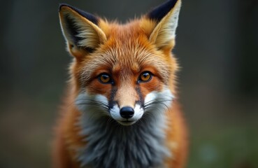 Obraz premium Close-up shot of red fox face. Fox features bright orange fur dark eyes. This wild predator in natural habitat is ideal for wildlife photography, print, posters, banners, cards or any other project.