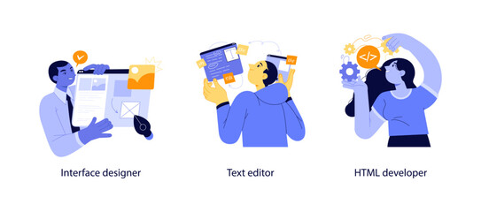 Flat vector illustrations depicting an interface designer, a text editor in use, and an HTML developer with gears and code icons.