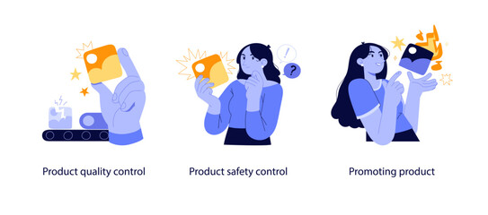 Flat illustrations showing product quality assurance, safety evaluation, and promotional efforts in modern business and branding workflows.