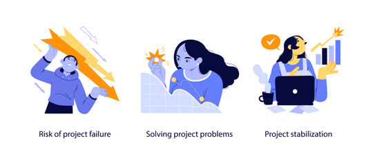 Three flat illustrations showing project failure risks, troubleshooting challenges, and stabilizing growth in business or development environments.