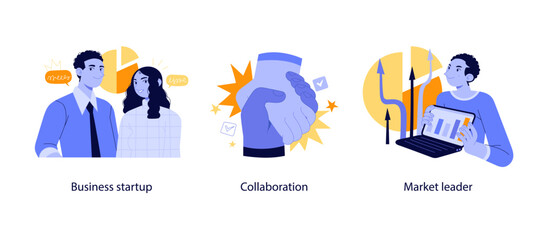 Flat vector illustrations of business partnership, startup teamwork, and achieving market leadership through data analysis and collaboration.