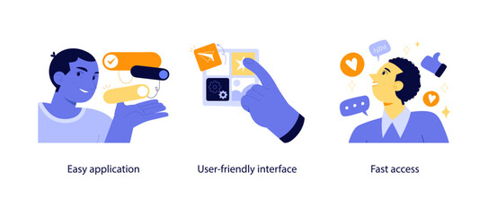 Vector illustrations showing simple app usability, intuitive interface controls, and quick user access for enhanced digital experience.
