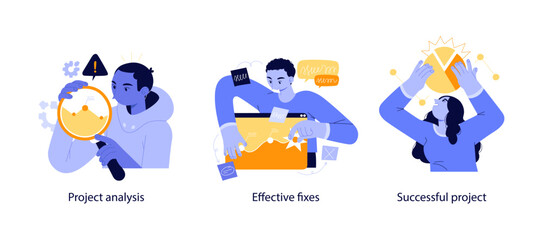 Vector illustrations showing the process of analyzing project data, applying effective fixes, and celebrating project success with charts.