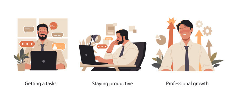 Illustration set depicting task delegation, maintaining productivity at work, and achieving professional career development in an office.
