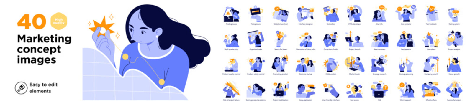 Colorful flat illustrations covering digital marketing themes like product launch, customer support, growth strategy, teamwork, and UX design.