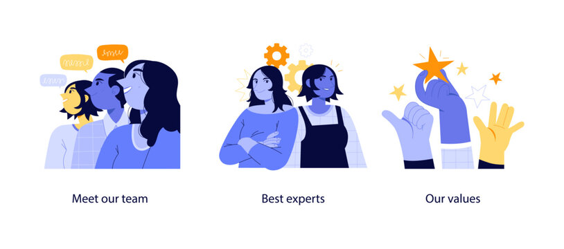 Vector illustrations of a business team, showcasing top professionals and emphasizing core organizational values and shared goals.