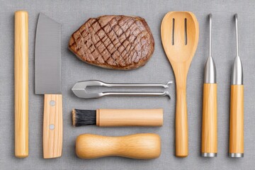 Grilled Steak With Barbecue Tools Neatly Arranged on a Gray Surface for an Outdoor Cooking Experience