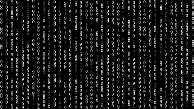 Binary code on a dark background. Hacker attacks and cyber security concept. Abstract animated background from particles of a computer program.