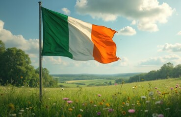 Irish flag waving in wind against green field. Symbolizes Irish heritage culture against cloudy blue sky. Landscape of nature and freedom. Represents patriotism, tradition, and national pride.