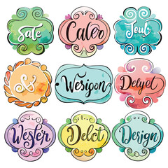 Nine Pastel Watercolor Shapes Featuring Handwritten Words Sale Cater July Wesigon Deiyet Wester Delect Design Ampersand