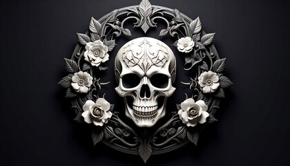 Ornate skull surrounded by roses