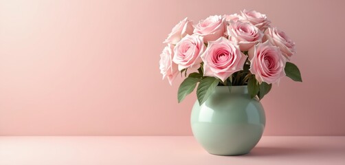 Fototapeta premium Delicate arrangement light pink roses in green vase, soft pink surface, creating romantic ambiance. Floral display perfect for celebrations weddings mothers day or valentines day decor.