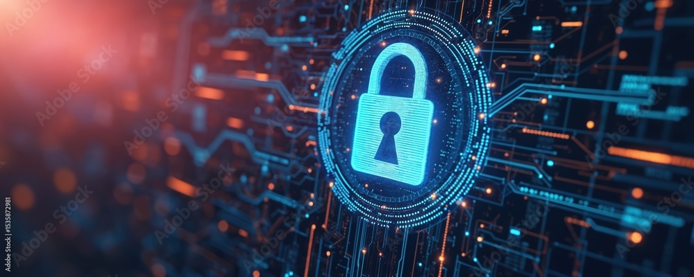 Poster illustration shows digital padlock on circuit board. cybersecurity concept, data protection, secure 