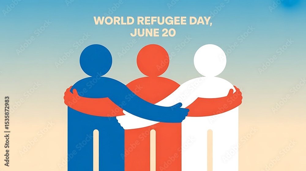 Fototapete minimalist row of stylized figures, holding hands underneath the text world refugee day banner for w