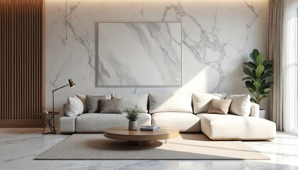 Modern luxury living room interior with white marble wall. Beige sofa, round table with plants. Contemporary home design with stylish furniture, decor, natural light.