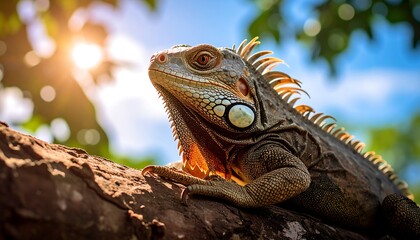 Fototapeta premium Lizard resting on a log