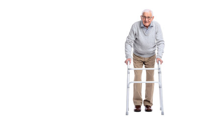 Full body shot of an elderly man confidently standing and using a walker against a transparent background, highlighting the importance of mobility and independence in later years