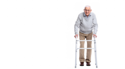 Full body shot of an elderly man confidently standing and using a walker against a transparent background, highlighting the importance of mobility and independence in later years