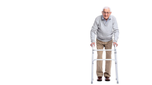 Full body shot of an elderly man confidently standing and using a walker against a transparent background, highlighting the importance of mobility and independence in later years