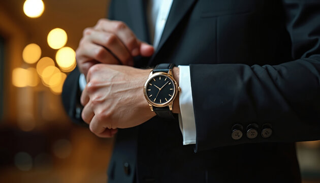 Man adjusting cuff, wearing luxury wristwatch. Black suit, formal attire. Concept of time management, success, sophistication, business, elegance. Details of watch, suit, style, fashion accessory for