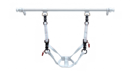 White gait harness hanging from a metal bar, designed for supporting and assisting movement, isolated on a transparent background, ideal for healthcare and rehabilitation purposes