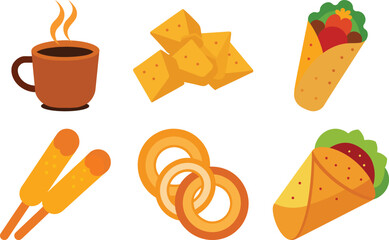 Food and drink icons vector set: a seamless pattern collection of breakfast, bakery, and fast food illustrations including bread, cheese, cake, coffee, hamburger, and ice cream
