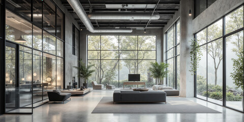 Interior Living Room Modern open plan living space concrete walls large windows minimalist design