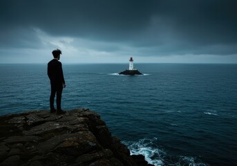 Fototapeta premium Solitary figure contemplating a distant lighthouse on a stormy sea