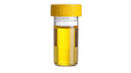 Urine sample contained in a test tube with a yellow cap, isolated on a transparent background, providing a clear view for medical or scientific presentations