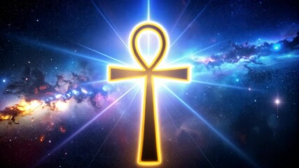 Ancient ankh symbol against a vivid cosmos backdrop featuring nebula and starlight in a vibrant cosmic scene - Powered by Adobe
