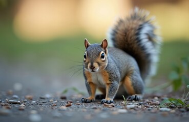 Fototapeta premium Grey squirrel in park. Cute wild mammal on the ground. Close-up of rodent with fluffy tail in natural eco environment. Wildlife animal eats outdoors in the grass.
