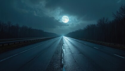 Night highway after rain, full moon casts silvery glow. Wet asphalt stretches ahead, creating tranquil, almost otherworldly travel scene. Dark forest, dramatic sky. Transportation, travel, speed
