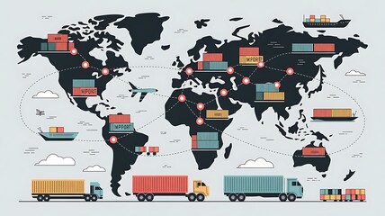 illustration of global trade and logistics with world map, cargo ship, airplane, and truck. import-export boxes, percentage symbol, and tariff label with USA flag, created with generative ai