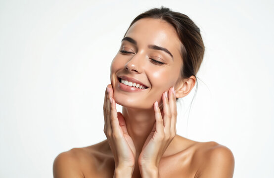 Young woman touches face, smiling. Portrait on white backdrop. Beautiful clear smooth skin. Skincare concept. Attractive lady with natural makeup and radiant glow.