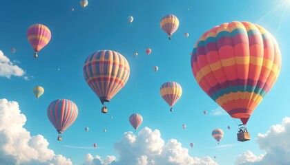 Fototapeta premium Colorful hot air balloons soar against blue sky with clouds. Balloons float in air, travel and adventure concept. Vacation, holiday, freedom, exploration, joy, inspiration, beauty, nature.