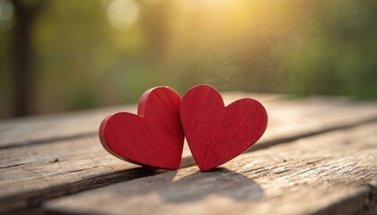 Two red wooden hearts symbol love, connection on rustic wooden table. Romance, affection, valentine theme. Celebrating relationship, passion, devotion. Ideal for design projects, Valentine Day cards.