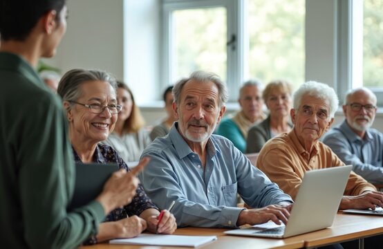 Multicultural group senior people learning in classroom using laptops. Elderly students study with teacher, mentor. Modern tech and online education for retired adults, lifelong learning.