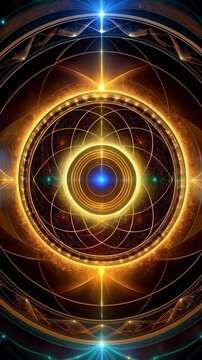 Abstract luminous cosmic portal with glowing geometric designs and energy lines in blue, gold, and brown creating a futuristic dimension