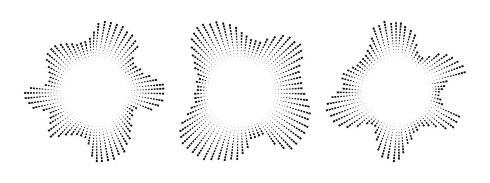 A set of circular multicolor burst ray equalizers . Radial sound, frequency sound neon waves . Pulsing music design element, voice graphic signal, circular sound waves . Vector radial spectrum.