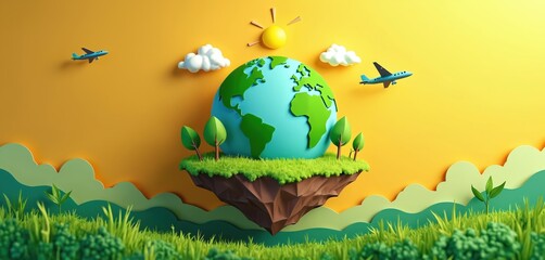 Naklejka premium Cute earth day illustration. Globe with green continents, trees, grass, clouds on a floating island. Planes fly, eco-friendly concept, environmental protection, community green earth.