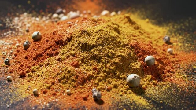 Exotic Spices Cascade Creating A Vibrant Culinary Landscape On Black Surface