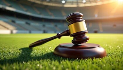 Gavel rests artificial turf stadium. Symbol of legal authority in sports field during sporting event. Concept of law sports, competition rules, judgement. Concept of law, sport. Arbitration court.