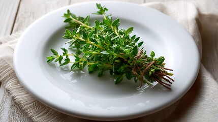 Fresh Thyme Sprigs on a White Plate