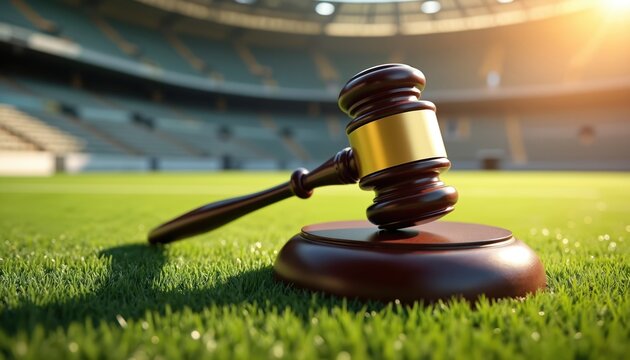 Gavel rests artificial turf stadium. Symbol of legal authority in sports field during sporting event. Concept of law sports, competition rules, judgement. Concept of law, sport. Arbitration court.