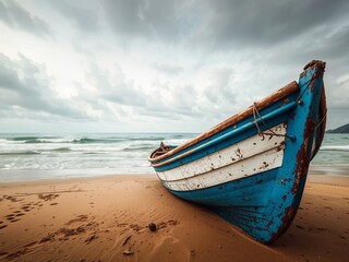Fototapeta premium Seascape: Boat on Sandy Shore Under Cloudy Sky