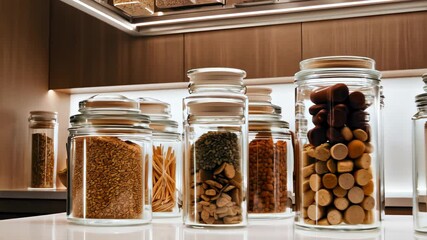 A neat row of clear glass storage jars filled with various dry food items like grains, pasta, and spices, on a kitchen countertop. Concept of organized pantry and kitchen storage. - Powered by Adobe