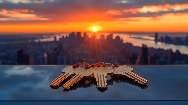 Golden keys on a dark surface, city skyline at sunrise