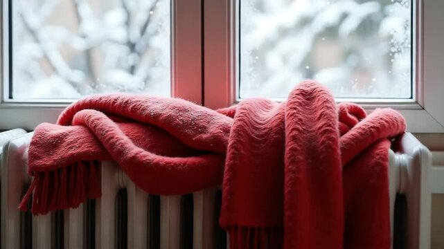 Cozy red knitted wool blanket on warm radiator near window with winter snowy landscape outside. Warm knitted wool blanket on heating system provides comfort and heat during cold winter season.