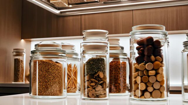 A neat row of clear glass storage jars filled with various dry food items like grains, pasta, and spices, on a kitchen countertop. Concept of organized pantry and kitchen storage.