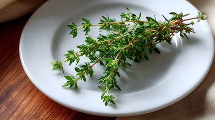 Fresh Thyme Sprigs on a White Plate